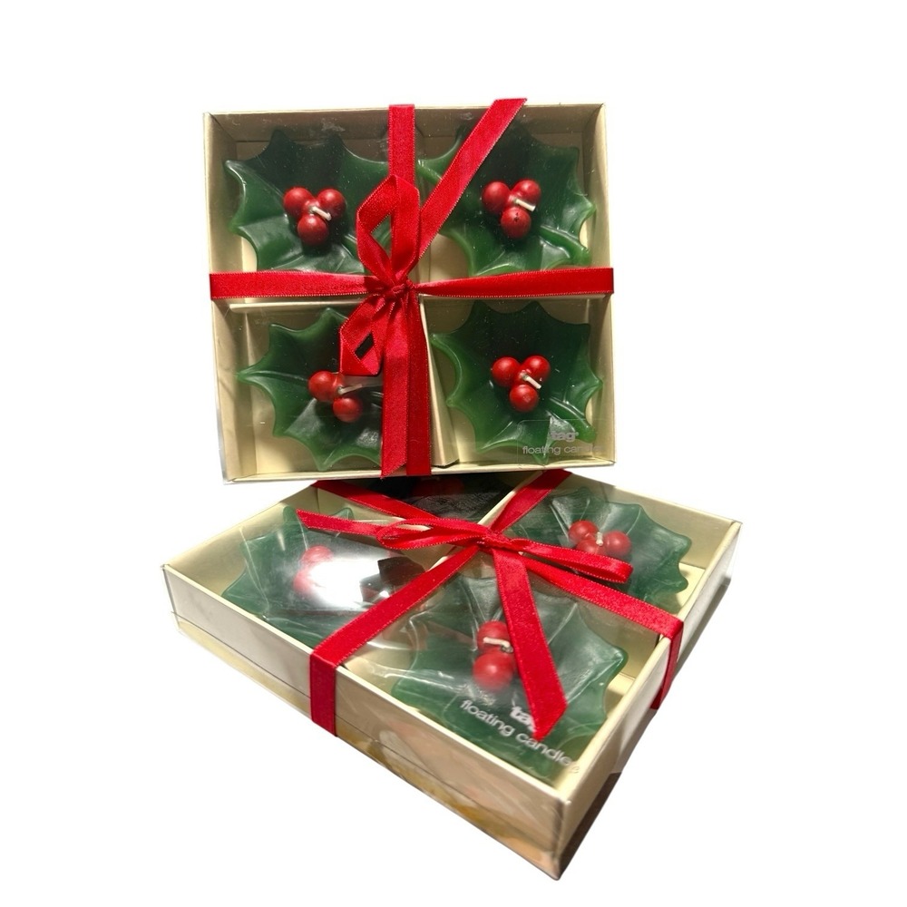 Boxed Set Floating Holiday Votive‎ Candles Christmas Holly & Berries TAG '99 Lot